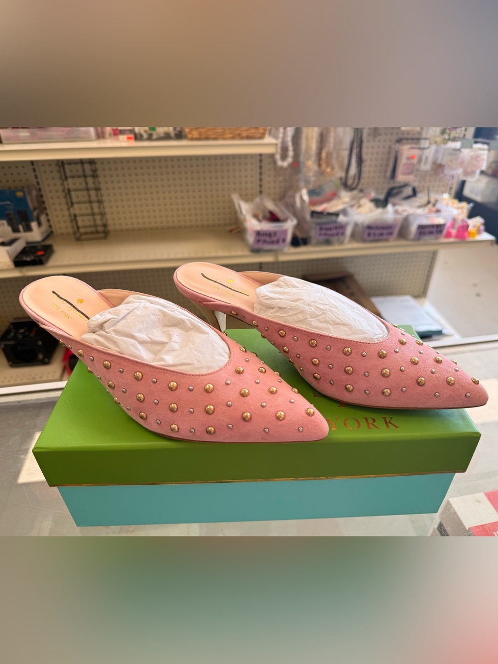 kate spade Pink Studded Pointed-Toe Mule Heels